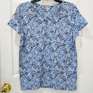 Ruff Hewn Split Neck Blue Floral Print Top sz M